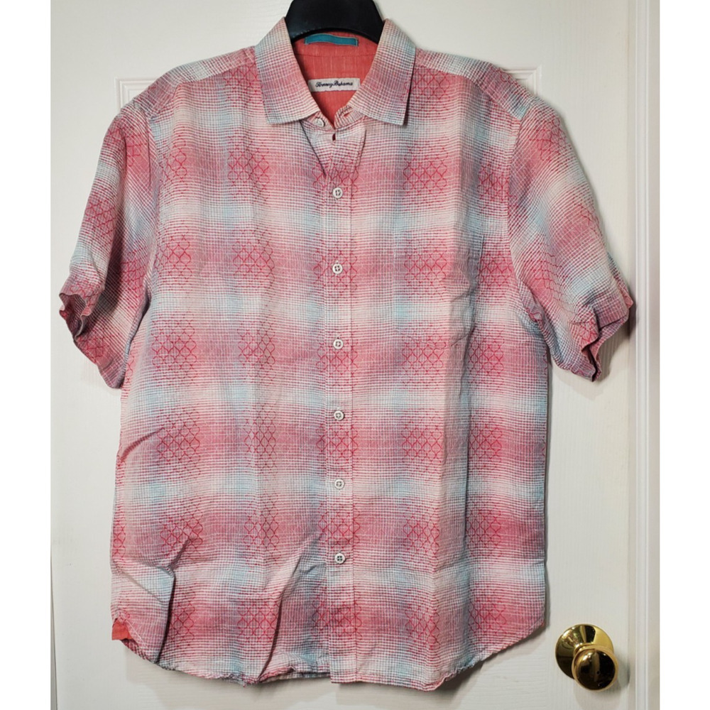 Tommy Bahama Mens M Button Shirt Coral Pink Blue Tropical Casual Camp